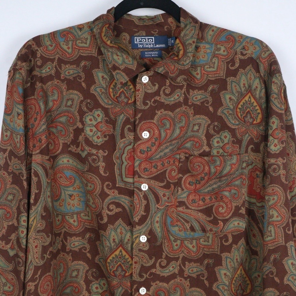 RALPH LAUREN POLO BONNARD BROWN PAISLEY 100% WOOL MEN'S MEDIUM BUTTON DOWN SHIRT